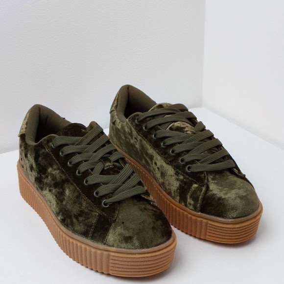Misbehave Green Olive Velvet Sneakers - Picture 1 of 7